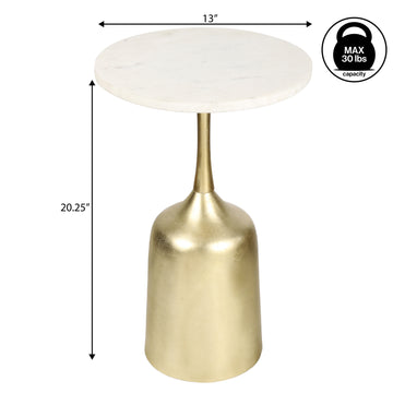 Pip 20.25" Classic Designer Metal Drink Table and Decorative End Table with White Marble Round Top and Bell Pedestal Base